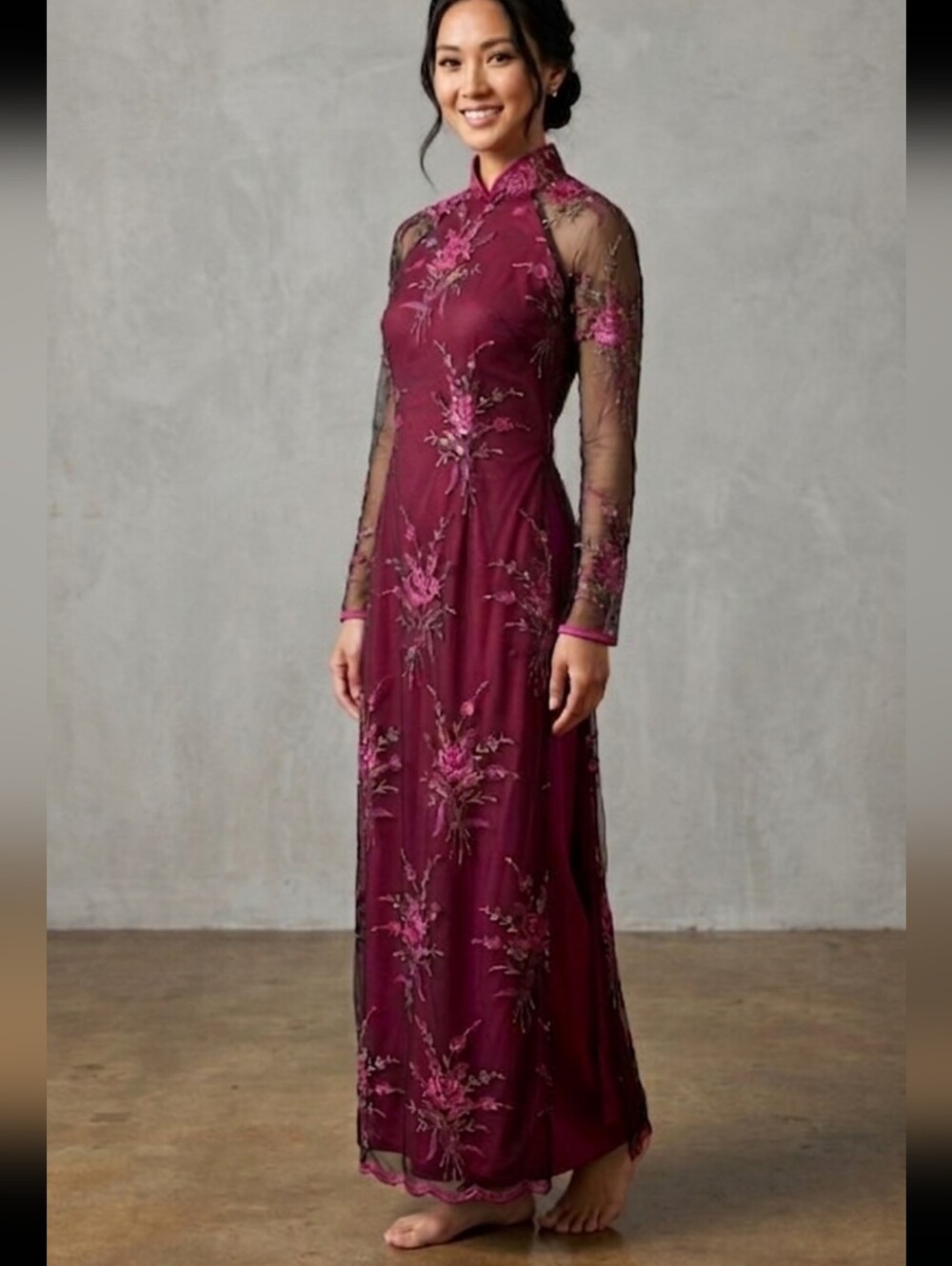 Source Unknown Wine Maxi Dress with Pink Embroidery